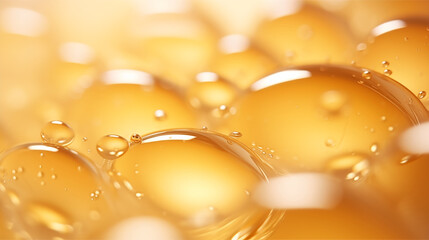 Wall Mural - Oil bubbles collagen skin serum on yellow background. concept skin care cosmetics.