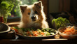 A cute puppy sitting indoors, eating a healthy vegetable salad generated by AI