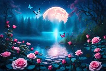 Fantasy Magical Enchanted Fairy Tale Landscape With Forest Lake, Fabulous Fairytale Blooming Pink Rose Flower Garden And Butterflies On Mysterious Blue Background And Glowing Moon Ray In Night