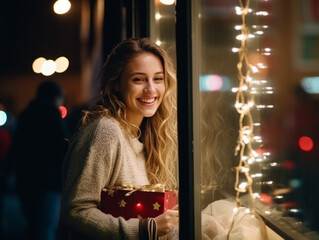 Wall Mural - A young man with a Christmas present stands at a street window at night