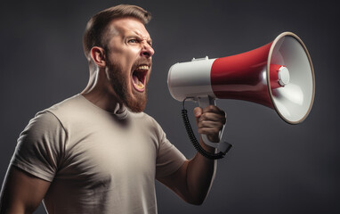 Side view of a man shouting into a loudspeaker