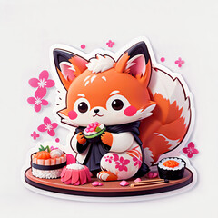 Cute cartoon style fox making Japanese food under blooming Sakura petals