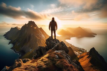 Man standing on the top of a mountain and enjoying the view