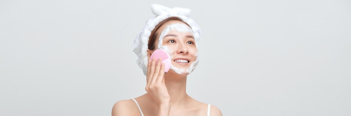 banner of Soap face woman clean skin care beauty