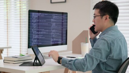 Asia busy people chinese deep tech talent expert man phone call talking working on IT big data science AI center BI smart tools screen. Office asian work cyber bot write low code skill program job.
