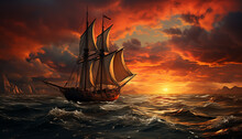 Sailing Ship Sails On Sunset Waves, Adventure In Nature Generated By AI