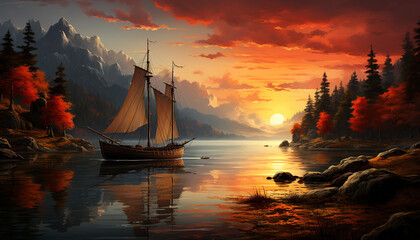 Poster - Sailing ship glides on tranquil water, reflecting sunset beauty generated by AI