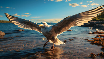 Poster - Seagull flying freely, wings spread, symbol of peace in nature generated by AI