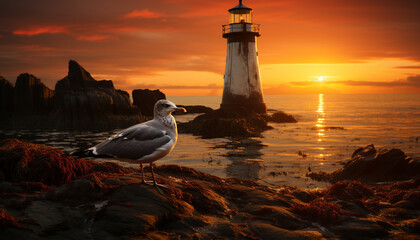 Poster - Seagull beak reflects sunset beauty on tranquil coastline generated by AI