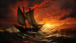 Sailing ship sails on sunset waves, transporting adventure seekers generated by AI