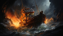Sailing Ship Crashes, Abandoned Freight Transportation Sinks In Dark Night Generated By AI