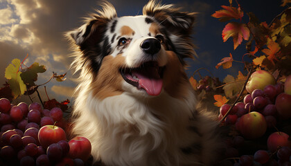 Sticker - Cute puppy sitting outdoors, looking at camera, surrounded by autumn leaves generated by AI