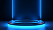 Empty blue podium floating in the air with blue neon ring on background. Made with generative ai