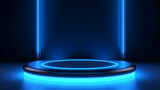 Fototapeta  - Empty blue podium floating in the air with blue neon ring on background. Made with generative ai
