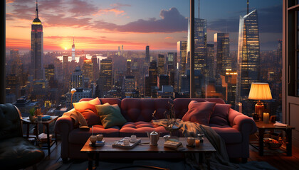 Wall Mural - Modern city skyline at dusk, illuminated skyscrapers, comfortable sofa indoors generated by AI