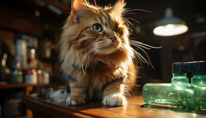 Wall Mural - Cute kitten sitting on table, looking at camera, fluffy fur generated by AI