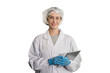 © amorn - Portrait of female medical scientist wearing uniform, hairnet, gloves and holding digital tablet on white background