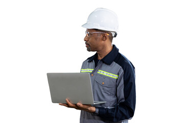 Wall Mural - Portrait of male engineer wear uniform and helmet standing and working laptop computer on white background