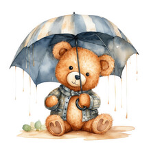 Bear Under An Umbrella Illustration, Generative Ai