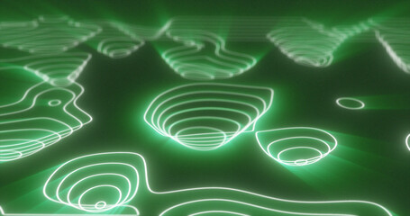 Wall Mural - Abstract green futuristic hi-tech landscape with mountains and canyons from glowing energy circles and magic lines background