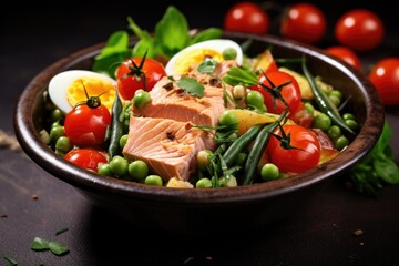 Poster - Healthy hearty salad of tuna, green beans, tomatoes, eggs in a bowl on the table. Generative AI