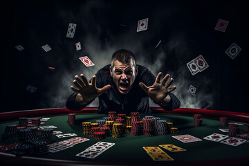 Wall Mural - Dramatic Poker Game with Shocked Man and Flying Cards