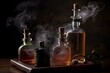 Three bottles with liquid and a pipe emitting smoke. Generative AI
