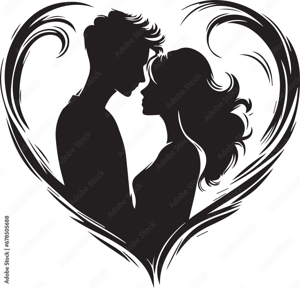 silhouette of a loving couple in a heart-shaped frame or a heart shaped ...