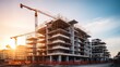 © Phoophinyo - Construction background: A Construction site of large residential commercial building, some already built, large metal structure with bright sky background.