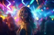 © Rudsaphon - Portrait of young beautiful woman dancing in night club with lights.