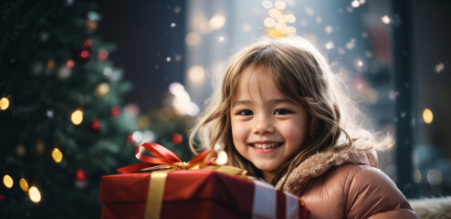 Wall Mural - cheerful girl receives a gift for the New Year. on Christmas night. child Emotions happiness and joy. Myrealholiday