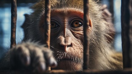 a monkey in a cage, fictional, waiting or sad look and sad expression, caged wild animal