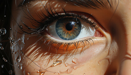 Young woman eye reflects nature beauty with a wet drop generated by AI