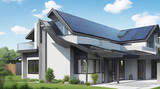 Fototapeta Londyn - Modern house with solar panels. New suburban house with photovoltaic system on roof. Eco friendly passive house with landscaped yard.