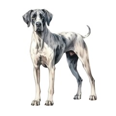 Great Dane dog breed watercolor illustration. Cute pet drawing isolated on white background.