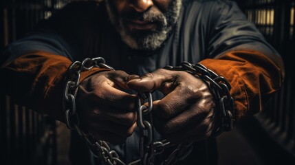 Wall Mural - Handcuffs, arrested criminal and black man with stress, worry and anxiety in police station for crime.