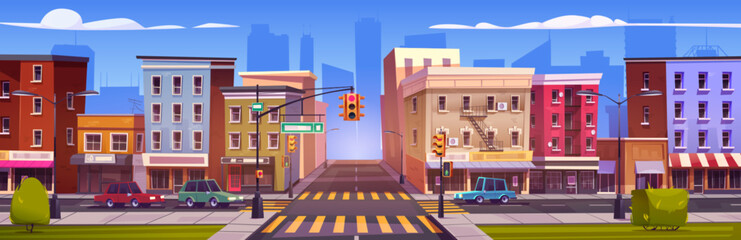 Wall Mural - City street intersection. Vector cartoon illustration of cars on town road, modern office and apartment building facades with cafe and shops, traffic signs and lights, green lawn and bushes, blue sky