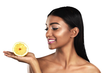 Sticker - Skincare, lemon and face of Indian woman with fruit on isolated, png and transparent background. Dermatology, salon and natural person with slice for healthy cosmetics, beauty products and wellness