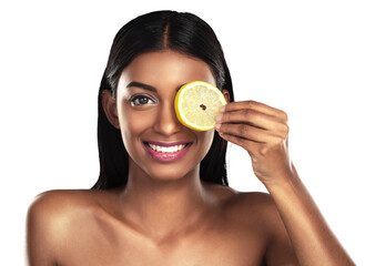 Poster - Beauty, skincare and portrait of woman with lemon on isolated, png and transparent background. Dermatology, natural face and person with fruit for healthy cosmetics, organic products and wellness