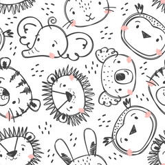 Wall Mural - Seamless vector pattern. Animals hand-drawn with felt-tip pen. Tiger, elephant, owl, hare, lion, koala. Vector illustration