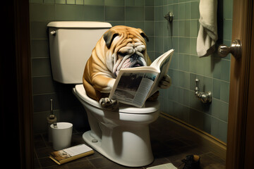 Bulldog reading newspaper on toilets, AI generated