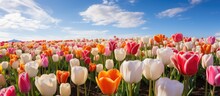 Large Flower Bulb Field Featuring White Tulips And Various Hues