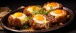 Healthy bird nests made of baked minced meat cutlet stuffed with eggs and cheese
