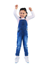 Jump, smile and portrait of a child, energy and celebration for achievement on isolated transparent png background. Happy, youth and good news for girl, winning and excited for freedom and cheering