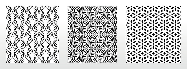 Geometric floral set of seamless patterns. White and black vector backgrounds. Damask graphic ornaments.