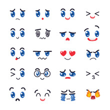 Set Of Kawaii Cute Face With Round Eyes Big, Emoticon Collection, Manga Style Eyes And Mouths, Funny Cartoon Japanese Emoticon In In Different Expression Anime Character, Vector Illustration.