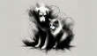 A grayscale abstract dog and a cat sitting together, both looking sad