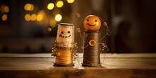 Two Spools Of Thread And Old Needles On A Wooden Surface, Featuring Light Orange And Brown Tones, Quirky Characters And Objects, Made Of Cardboard.