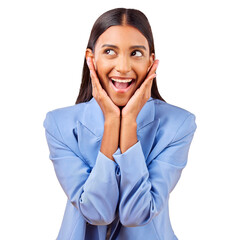 Wall Mural - Happy, business woman and hands on face for surprise isolated on a transparent PNG background. Excited female person, model or employee thinking with big smile for prize, good news or lucky draw