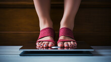 Feet Of A Woman On A Weight Scale. Concept Of Overeating And Obesity.